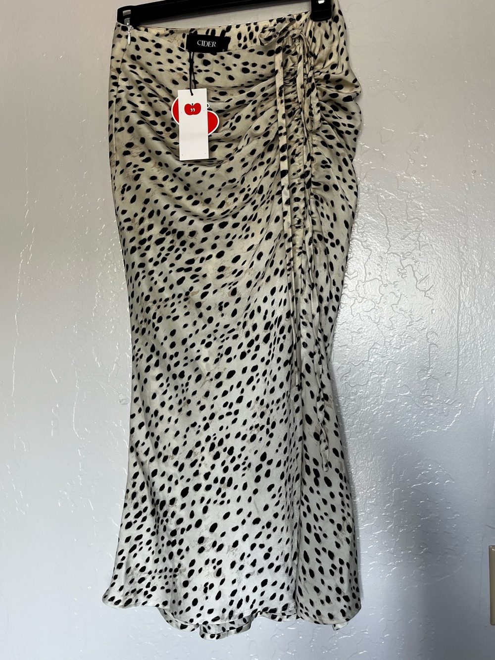 Cider Cream with Black Dalmatian Print Midi Skirt with Side Ruching
